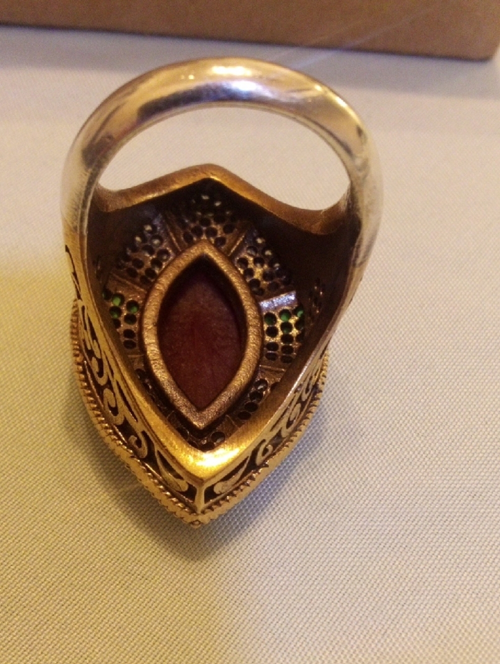 Gold-Tone Red Marquise Statement Ring with Green and Clear Accent Stones - Picture 3 of 6